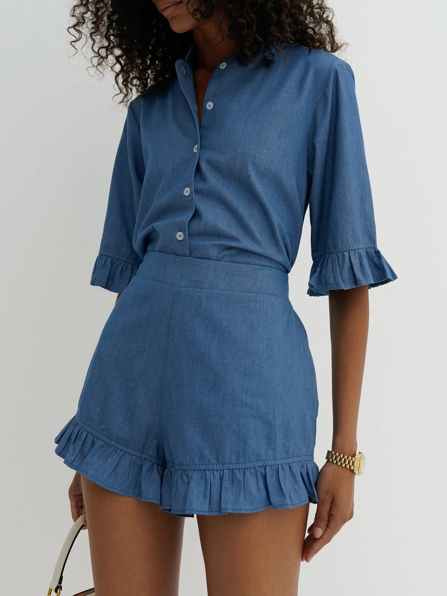 Riviera Chambray Frill Sleeve Shirt | Chalk Blue