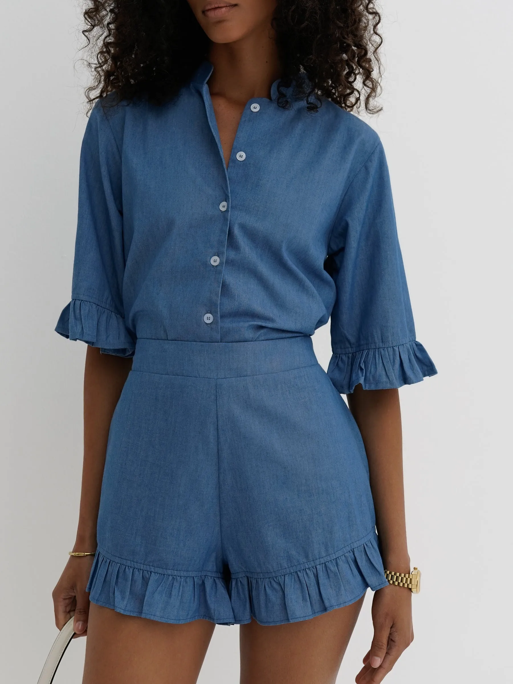 Riviera Chambray Frill Sleeve Shirt | Chalk Blue