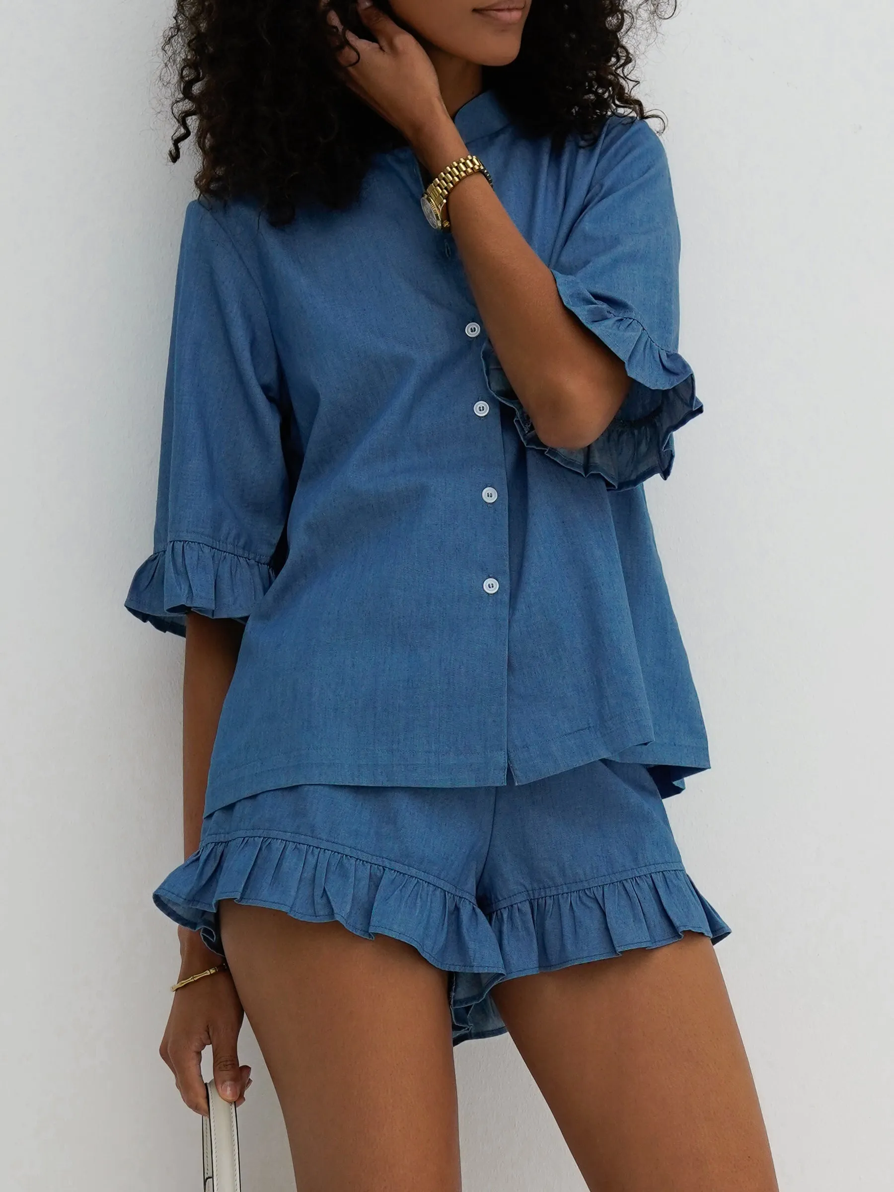 Riviera Chambray Frill Sleeve Shirt | Chalk Blue