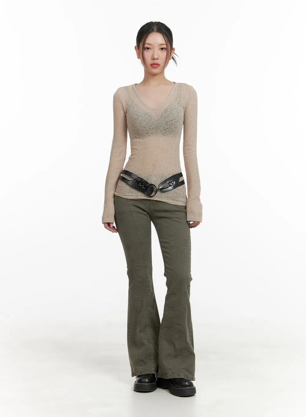 Sheer V-Neck Long Sleeve CA416