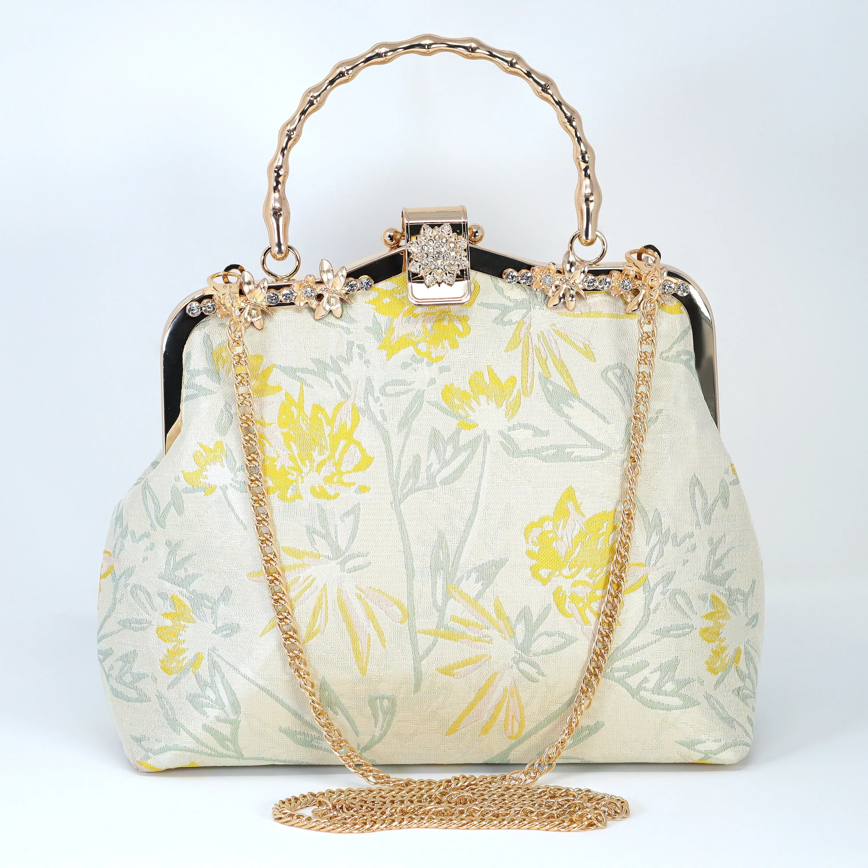 Shimmering Gold Yellow Floral Embroidered Fabric Floral Bridal Wedding Bag, Statement Bag, Evening Wedding Clutch, Cross Body Bag