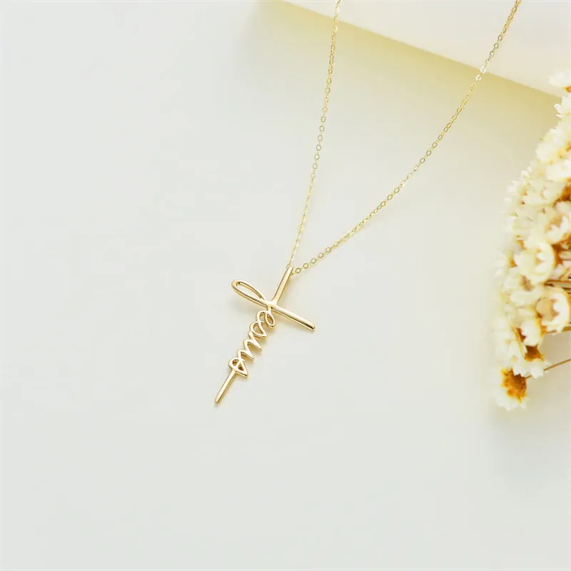 Solid 14K Gold Jesus Cross Necklace Hope Believe Pendant Necklace Religious Jewelry for Women Anniversary Birthday Mother's Day