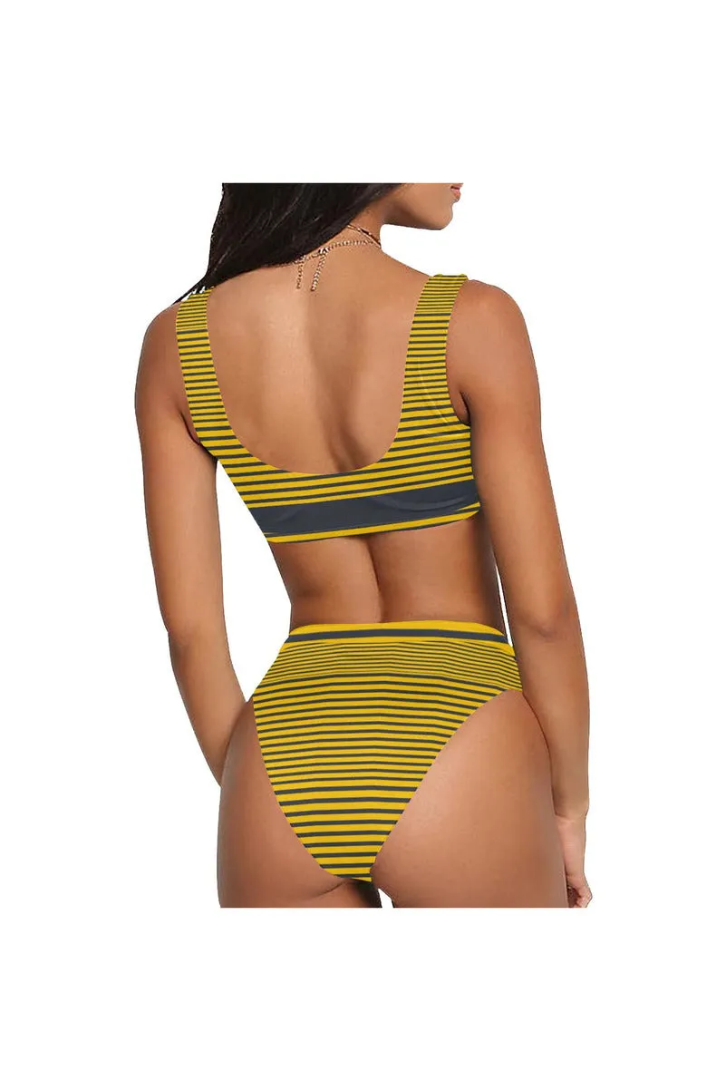 Solid and Lines Sport Top & High-Waist Bikini Swimsuit