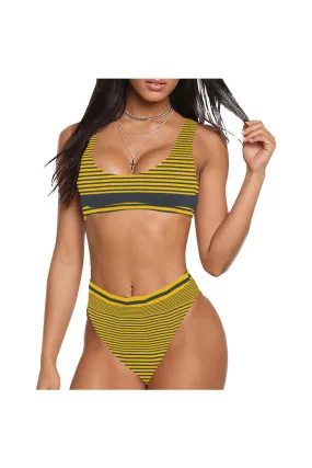 Solid and Lines Sport Top & High-Waist Bikini Swimsuit