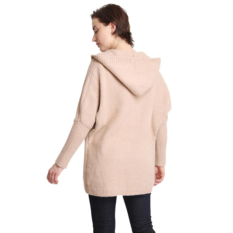 Solid Color Knitted Hood and Ribbed Edges Cardigan