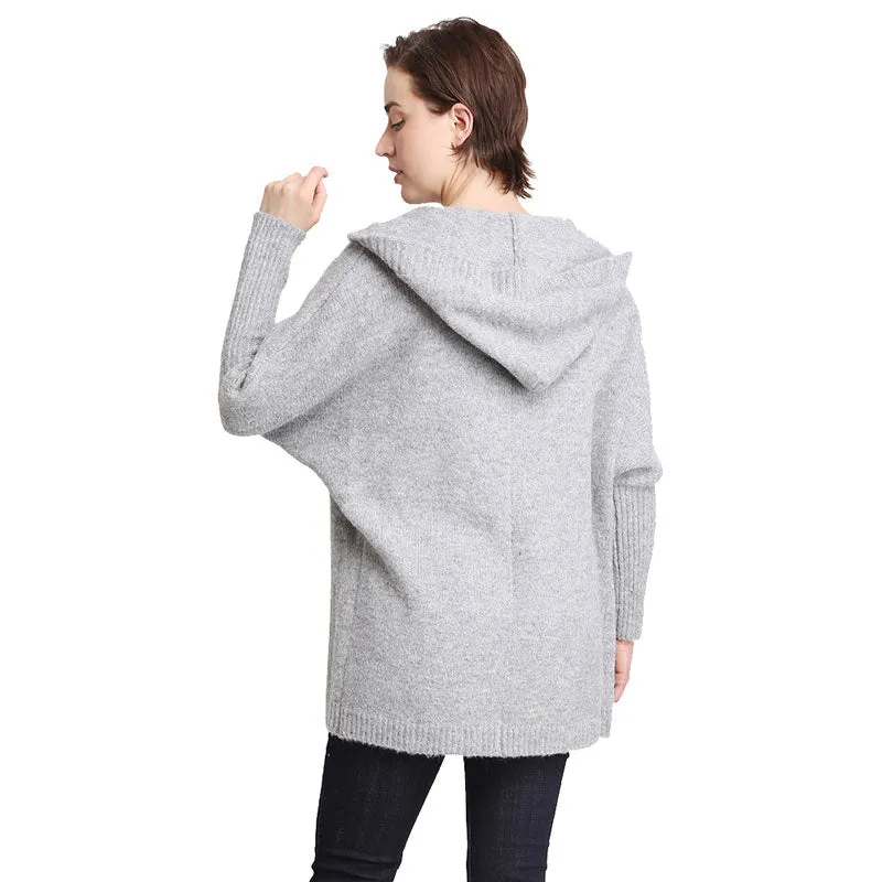 Solid Color Knitted Hood and Ribbed Edges Cardigan