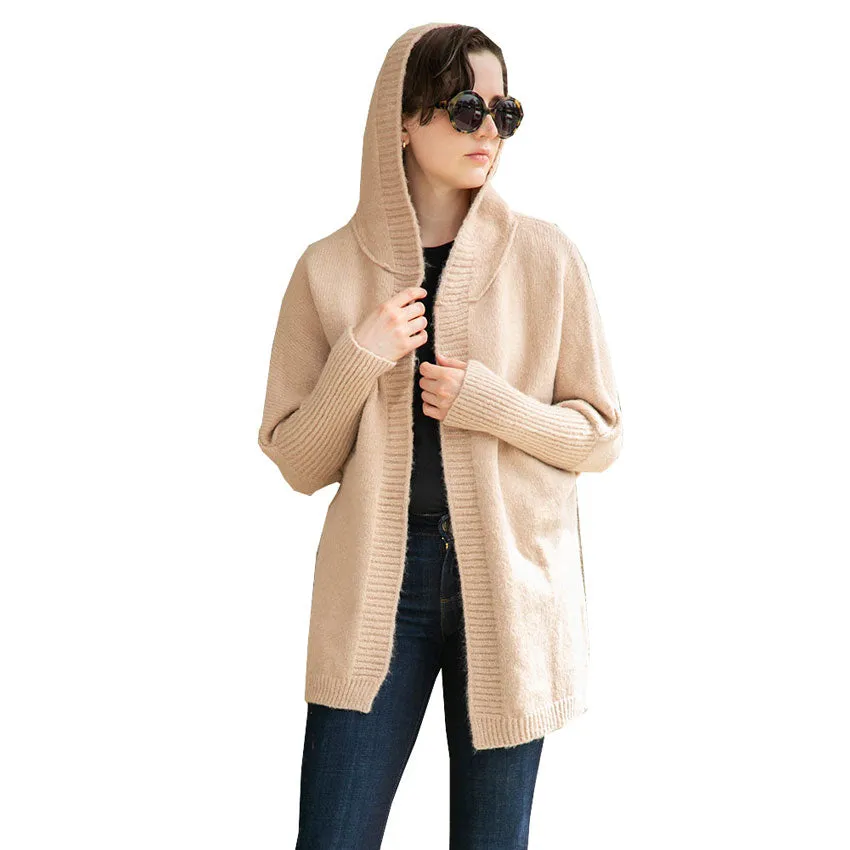 Solid Color Knitted Hood and Ribbed Edges Cardigan