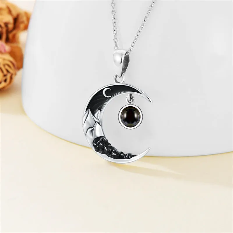 Sterling Silver Crescent Moon 100 Languages I Love YouNecklace for Women Girls Black Jewelry Gifts