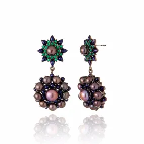 Sterling Silver Statement Earrings With Dark Purple Oil Enamel, Green Agate & Black Pearl