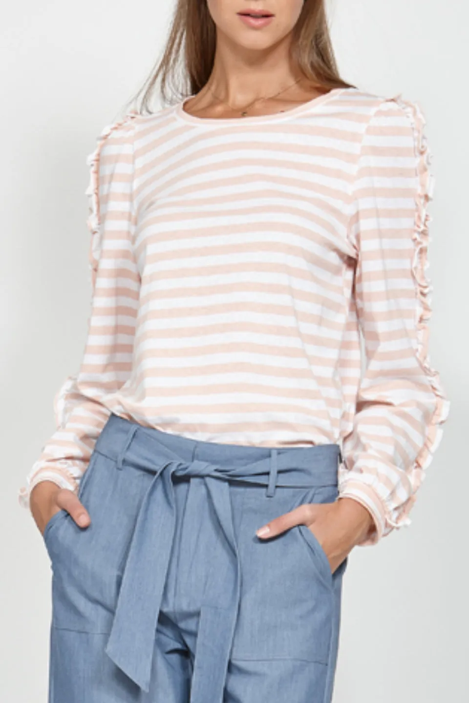 Stripe Blush Ruffle LS Tee