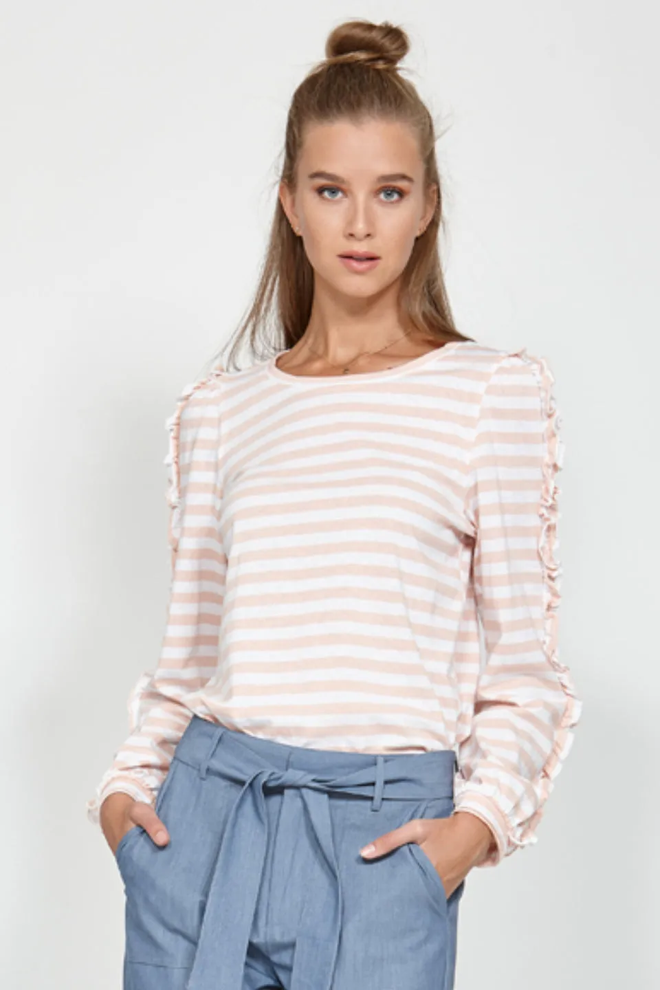 Stripe Blush Ruffle LS Tee