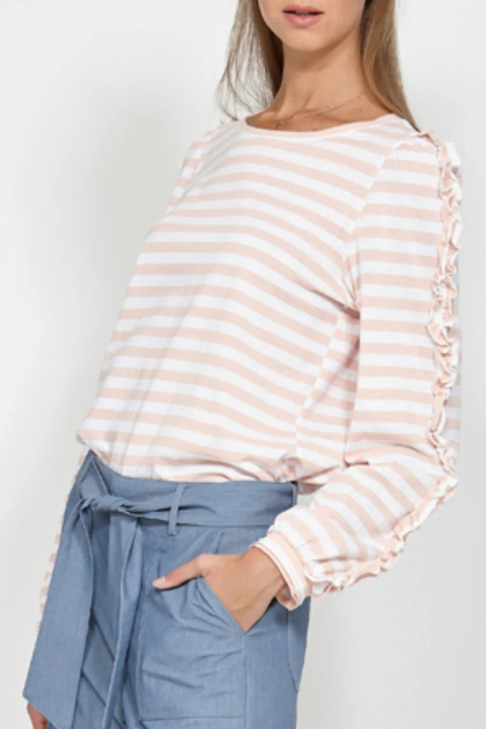 Stripe Blush Ruffle LS Tee