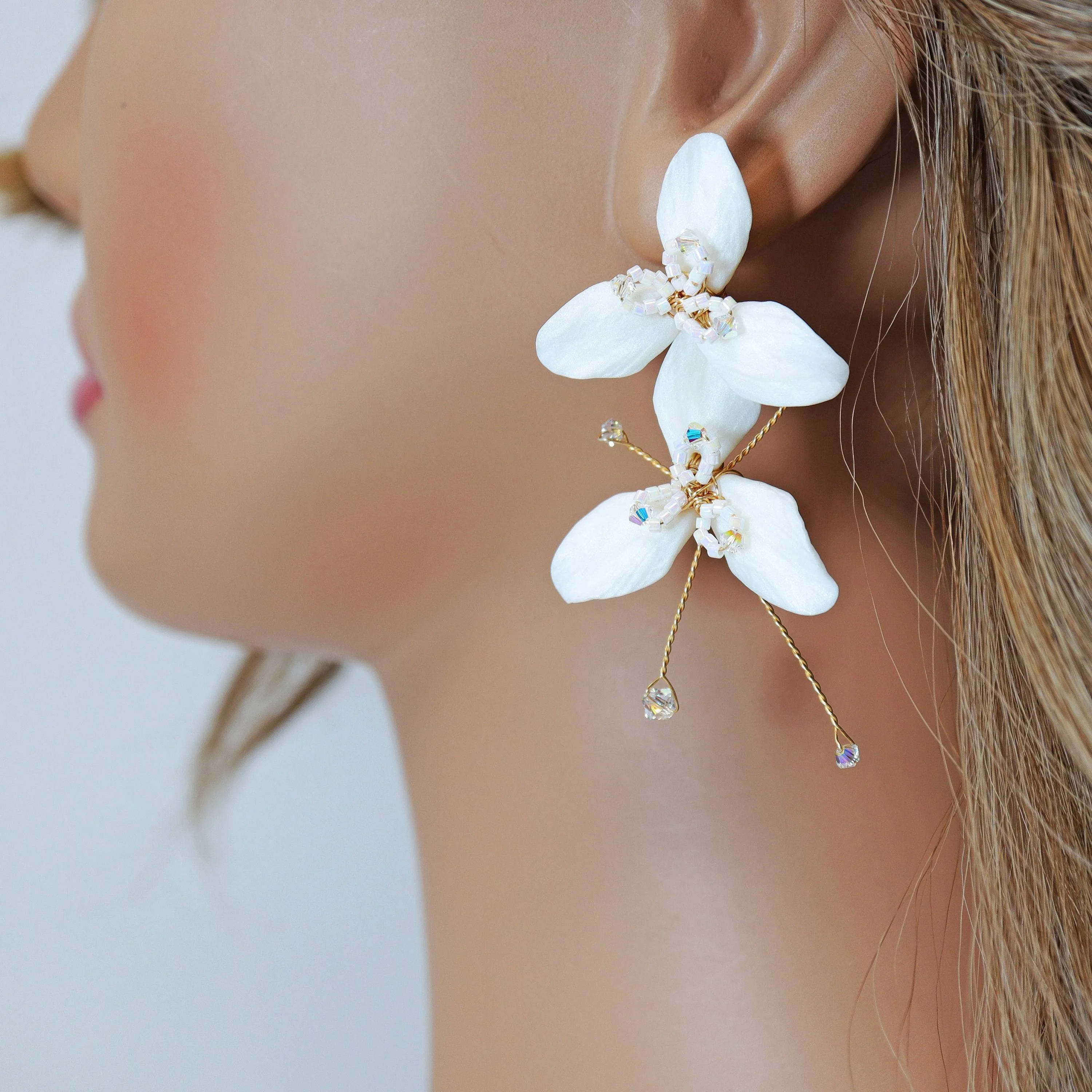 Swarovski Crystal Two White Flower Long Earrings, Long Bridal Jewelry, 925 Sterling Silver, Statement Earrings Cz