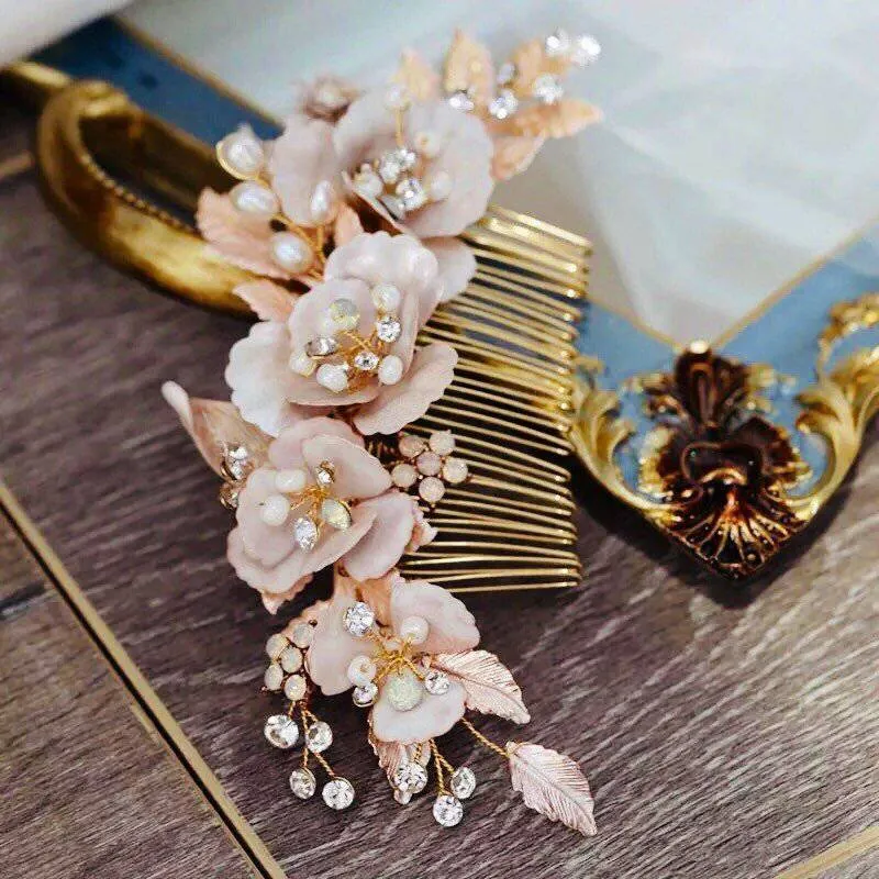 Swarovski Freshwater Pearls Large Baroque Pink Flower Bridal Hair Comb, Wedding Hair Accessories, Bridal Hair piece, Wedding Hair Accessory.