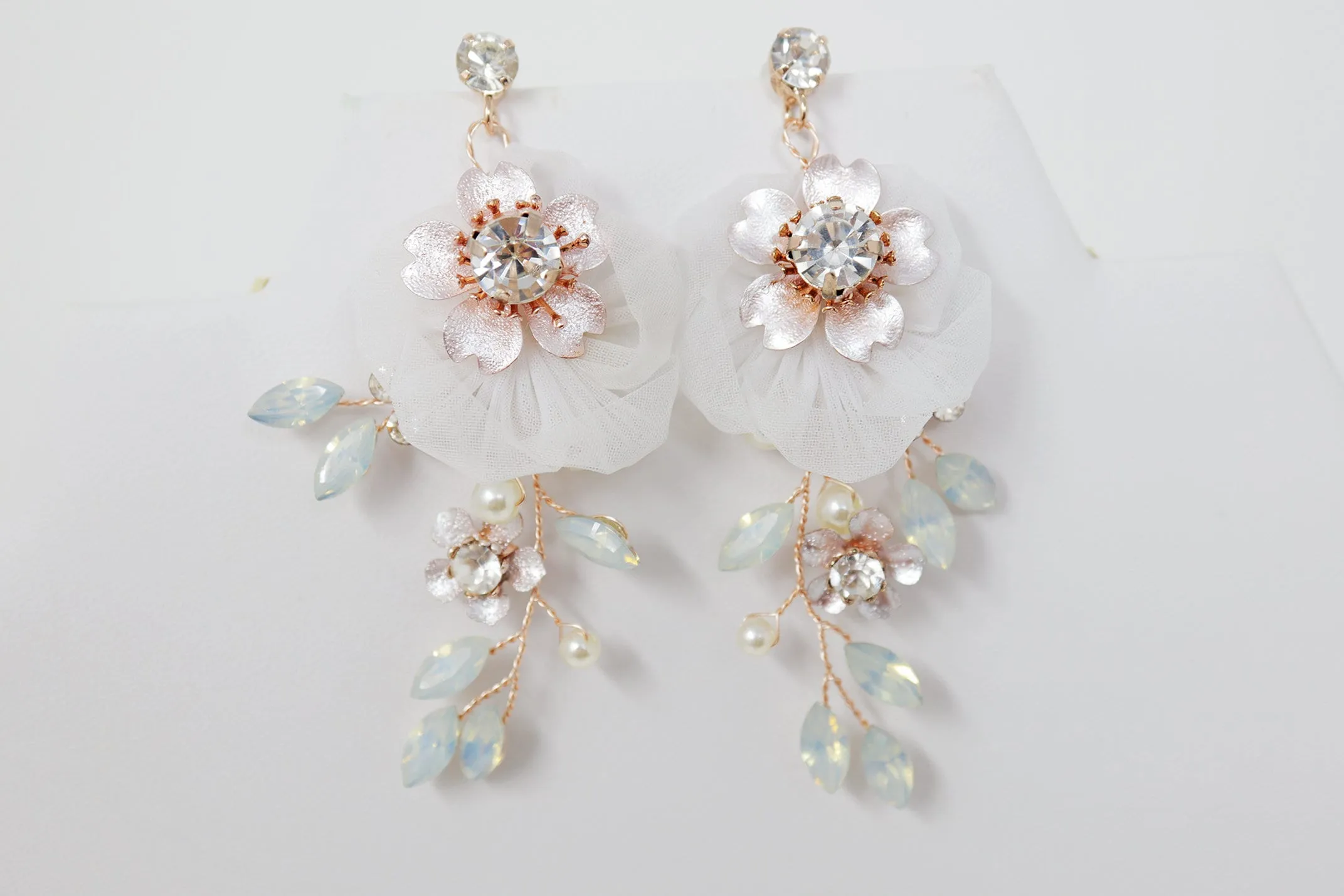 Swarovski opal Flower Petals Crystal, Rhinestone Earrings, Long Bridal Jewelry Bridal Earrings Crystal Bridal Earrings Statement Earrings Cz