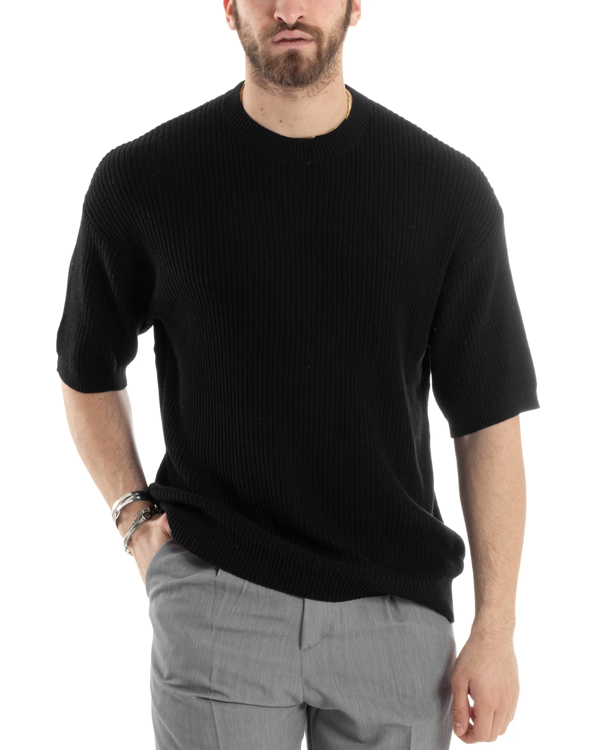 T-shirt Uomo Maglia In Filo A Costine Manica Corta Basic Oversize Nero Casual GIOSAL-TS2999A