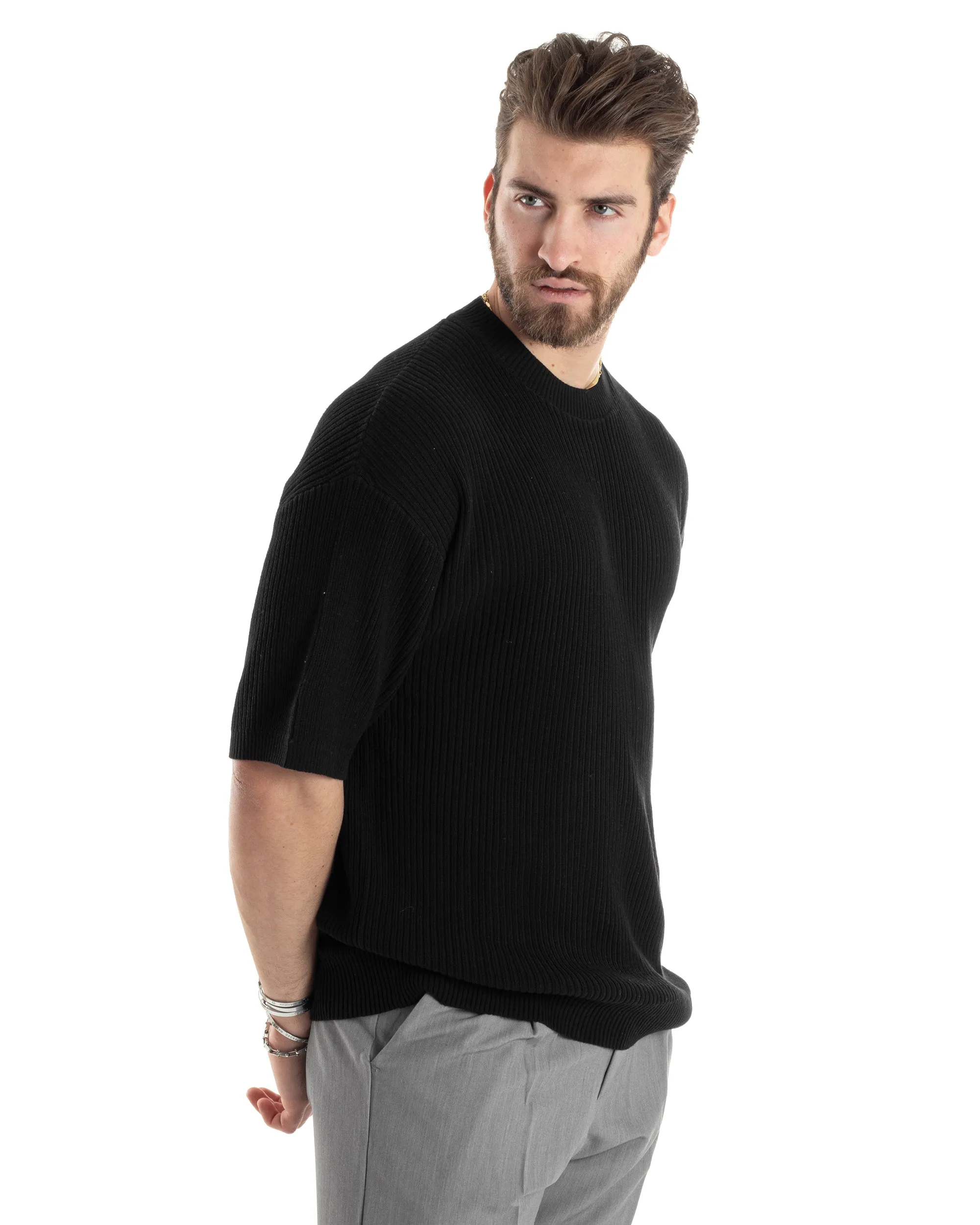 T-shirt Uomo Maglia In Filo A Costine Manica Corta Basic Oversize Nero Casual GIOSAL-TS2999A