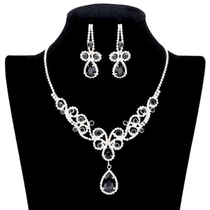 Teardrop Crystal Accented Rhinestone Vine Detailed Elegant Drop Collar Evening Necklace Clip On Earrings Set