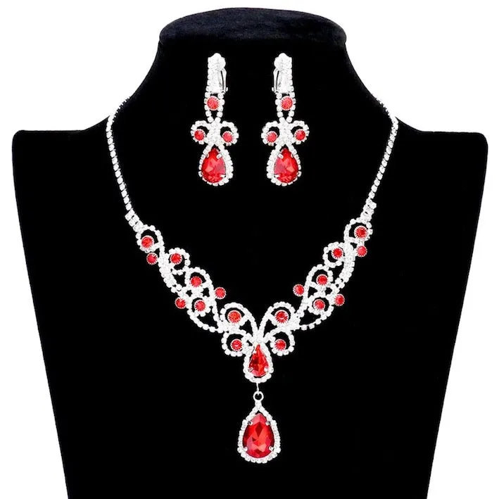 Teardrop Crystal Accented Rhinestone Vine Detailed Elegant Drop Collar Evening Necklace Clip On Earrings Set