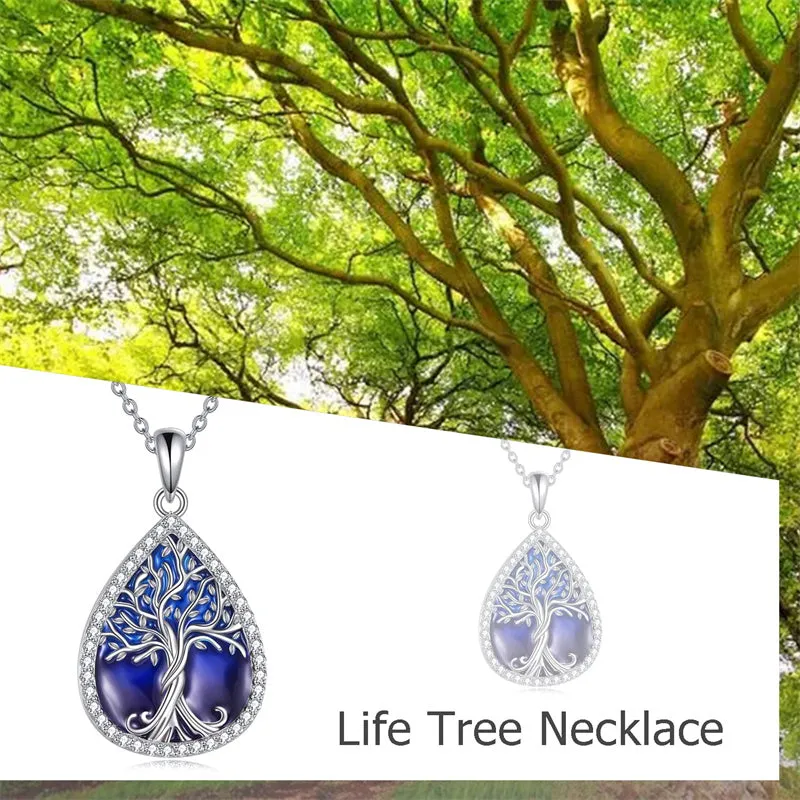 Tree of Life Necklace 925 Sterling Silver Teardrop Enamel Family Tree Pendant Necklace for Women