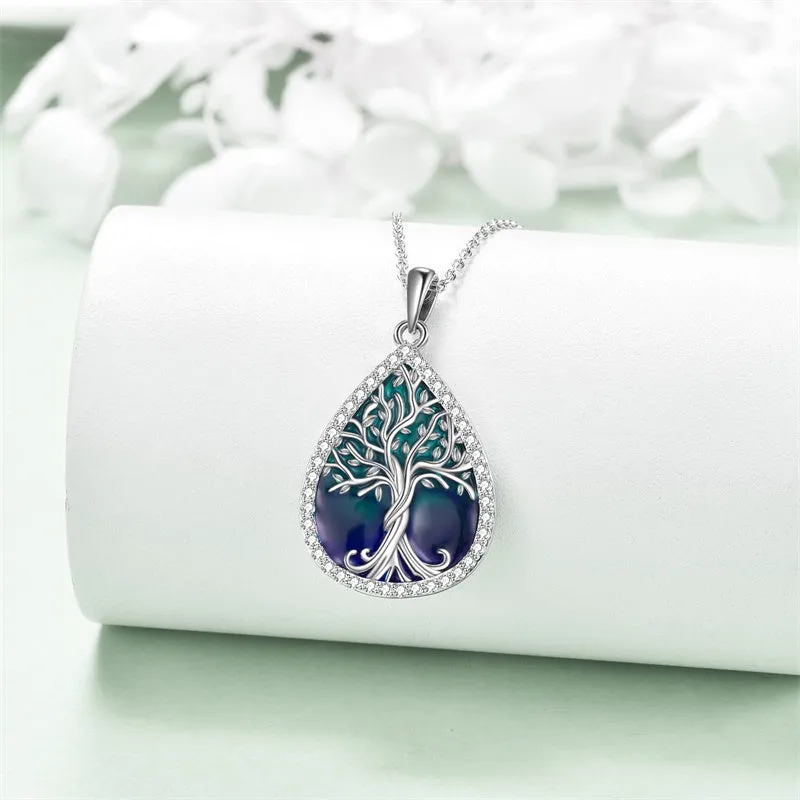 Tree of Life Necklace 925 Sterling Silver Teardrop Enamel Family Tree Pendant Necklace for Women