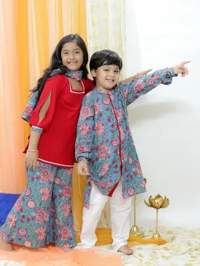 VASTRAMAY Blue Printed Cotton Festive Collection Sibling Set