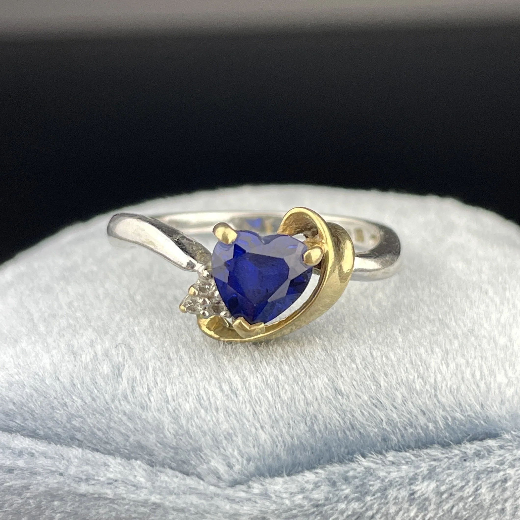 Vintage 10K White and Yellow Gold Diamond Sapphire Heart Ring, Sz 6 1/4