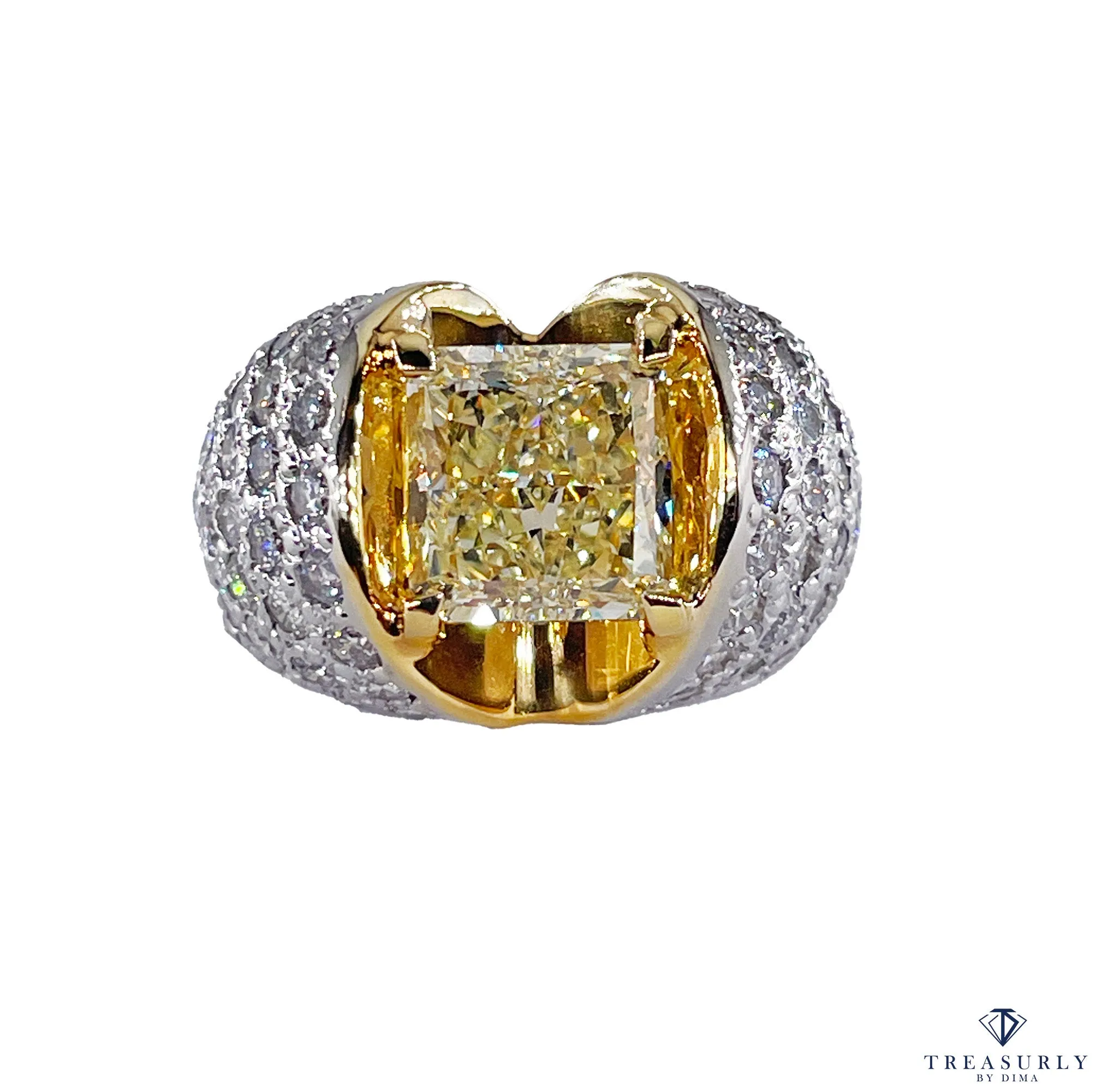 Vintage “Canary” GIA 7.02ctw Natural Fancy YELLOW Radiant Cut Diamond Dome 18K Ring