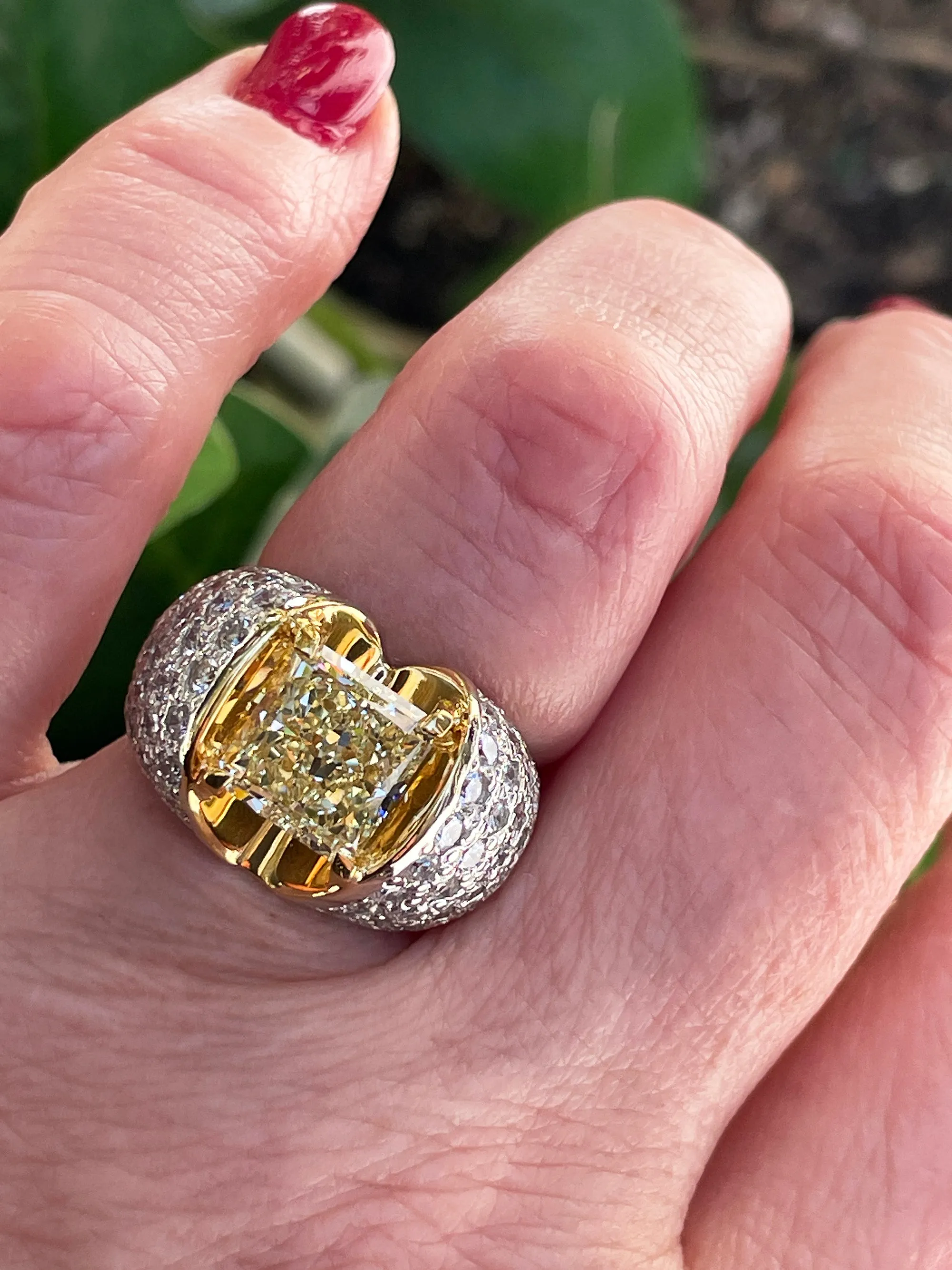 Vintage “Canary” GIA 7.02ctw Natural Fancy YELLOW Radiant Cut Diamond Dome 18K Ring