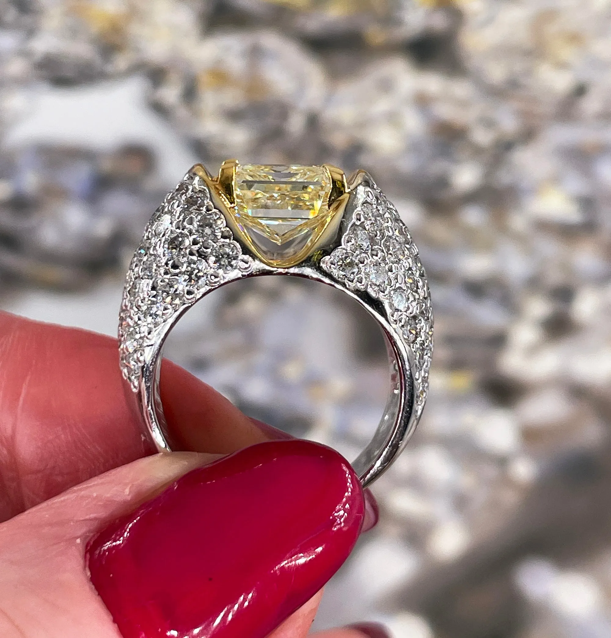 Vintage “Canary” GIA 7.02ctw Natural Fancy YELLOW Radiant Cut Diamond Dome 18K Ring