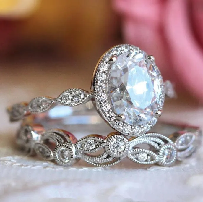 Vintage Oval Cut Ring Set With Milgrain And Leaf Detailing