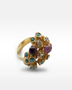 Vogue Gold Metal, Rhinestone and Multicolored Glass Ring