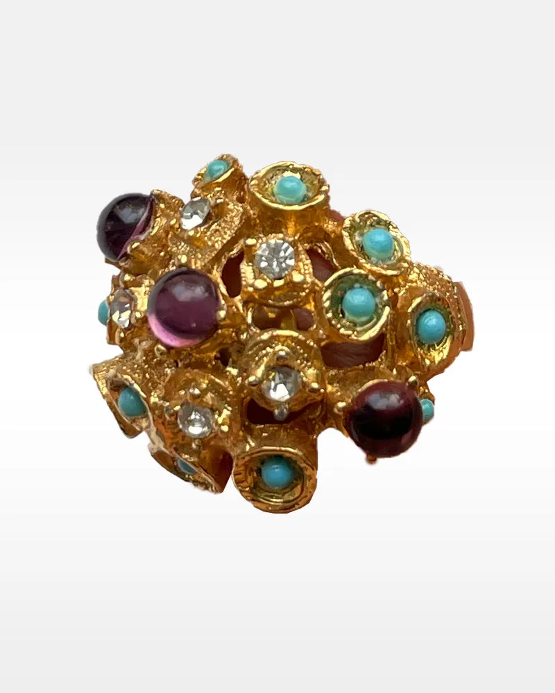 Vogue Gold Metal, Rhinestone and Multicolored Glass Ring