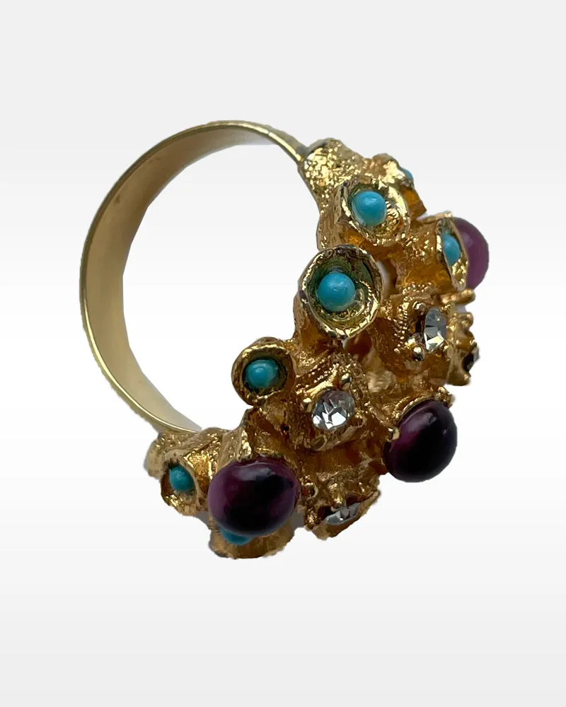 Vogue Gold Metal, Rhinestone and Multicolored Glass Ring