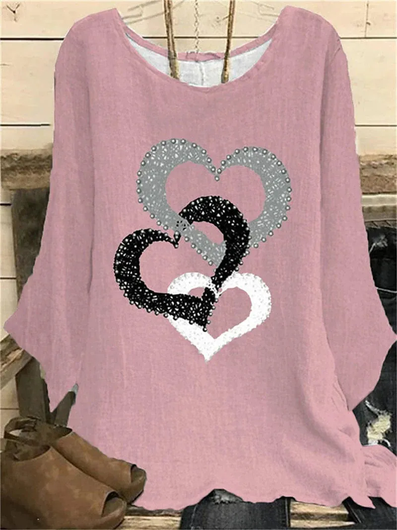 Women's Plus Size Heart Print Blouse with Long Sleeves